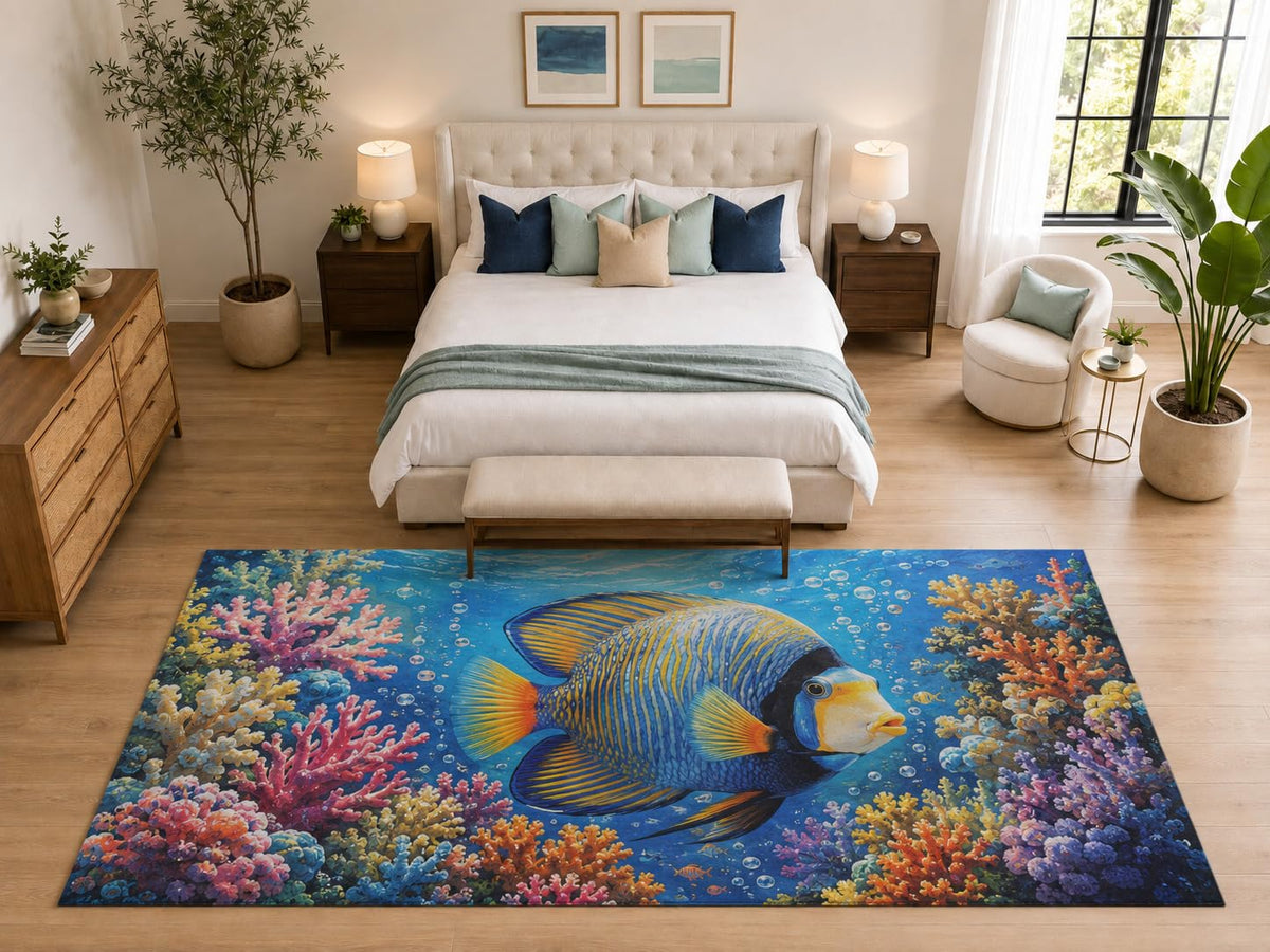 ICE ARMOR "Ultra Light Weight Large 6'7" x 9'10" Angelfish Reef Rug Living Room, Soft Low Pile Indoor Rug and Non-Slip Silicone Backing, Blue