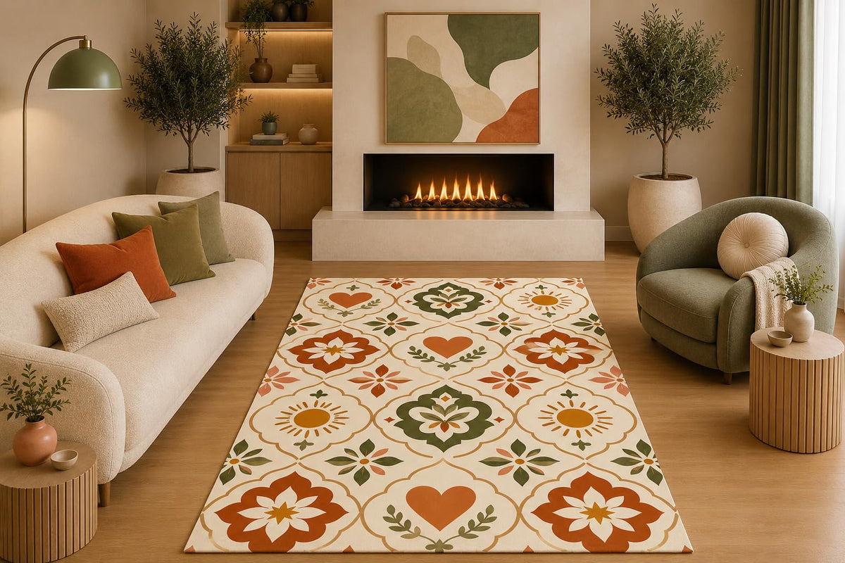 ICE ARMOR 5' x 7' Boho Floral Area Rug Moroccan Heart Medallion Pattern Cream Terracotta Olive Green for Living Room Bedroom Dining Room Non-Slip Silicone Backing Low Pile