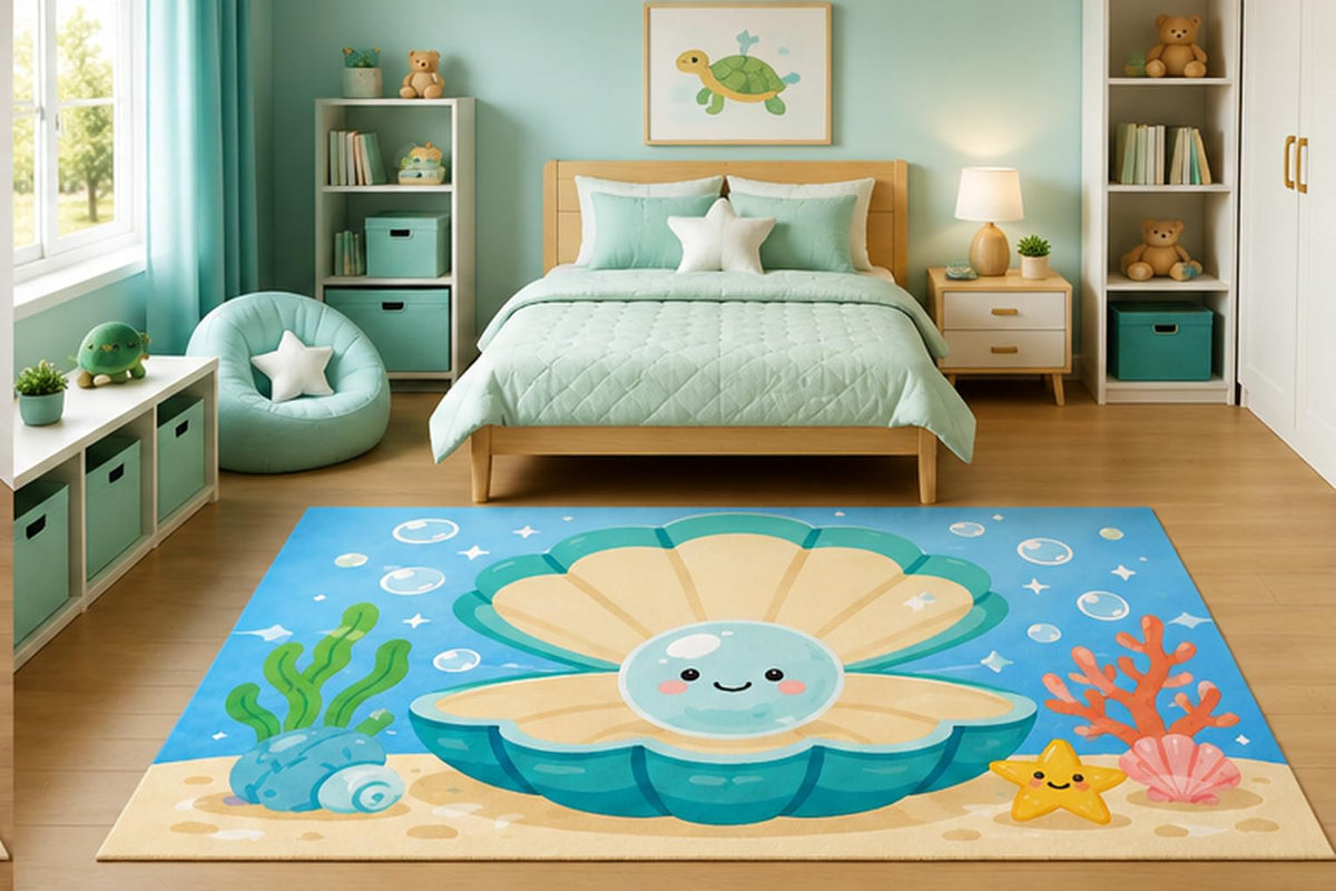 ICE ARMOR 5' x 7' Cute Pearl Oyster Area Rug for Kids Bedroom Nursery Playroom Scandinavian Minimalist Ocean Sea Life Coastal Decor Non-Slip Silicone Backing Low Pile