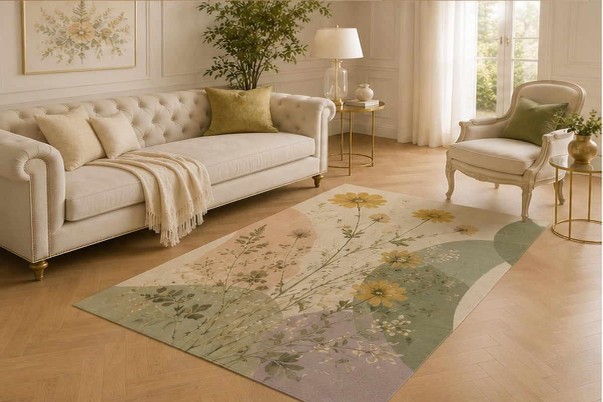 ICE ARMOR 5' x 7' Mustard Wildflower Abstract Rug, Modern Low Pile Home Decor with Non-Slip Silicone Backing for Lounge, Bedroom, Dining Space, Kids and Pets