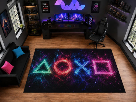 ICE ARMOR "Ultra Light Weight Large 6'7" x 9'10" Neon Gaming Symbols Pattern Area Rug for Playroom Decor, Soft Low Pile Indoor Rug with Non-Slip Silicone Backing, Black Multicolor