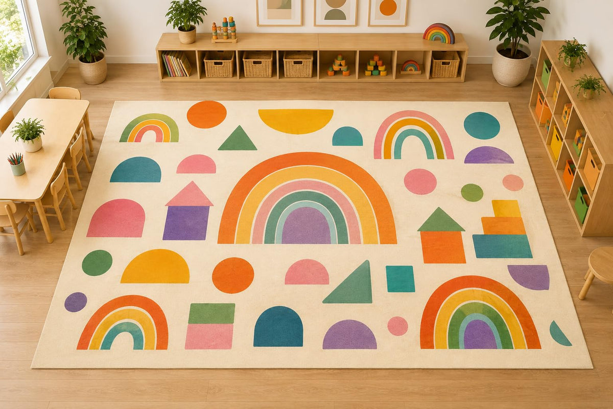 ICE ARMOR Large 6'7" x 9'10" Rainbow Geometric Shapes Area Rug, Soft Low Pile Indoor Rug with Non-Slip Silicone Backing for Kids Room Playroom, Beige