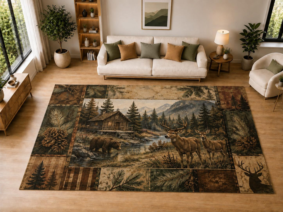 ICE ARMOR "Ultra Light Weight Large 6'7" x 9'10" Deer Bear, Living Room, Bedroom, Dining Room, Office, Family Room, Soft Low Pile Indoor Rug, Non-Slip Silicone Backing, Brown