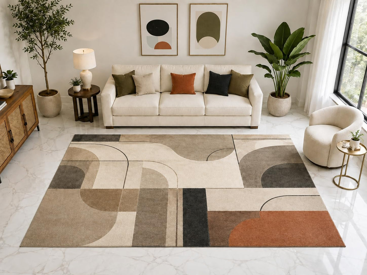 ICE ARMOR "Ultra Light Weight Large 6'7" x 9'10" Modern Abstract Arch Rug, Soft Low Pile Indoor Rug, Non-Slip Silicone Backing for Living Room Beige