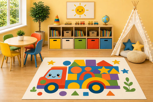 ICE ARMOR 5' x 7' Construction Truck Area Rug, Educational Shapes and Colors Learning Play Mat with Cute Building Blocks for Kids Bedroom Nursery Playroom, Non-Slip Silicone Backing Low Pile
