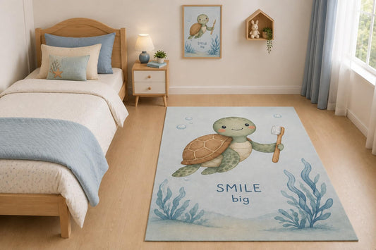 ICE ARMOR "Ultra Light Weight 5' x 7' Smile Big Turtle Area Rug for Living Room, Bedroom and Home Office, Soft Low Pile Carpet with Non-Slip Silicone Backing, Blue and Green