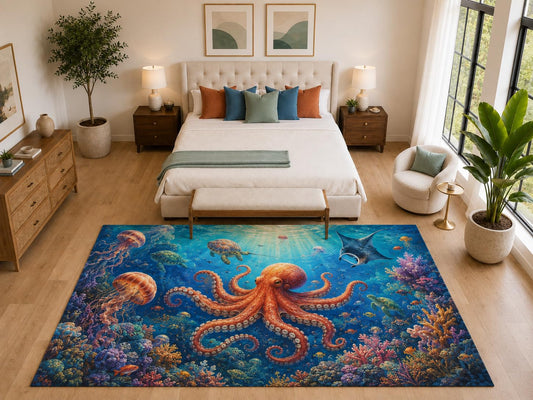 ICE ARMOR "Ultra Light Weight Large 6'7" x 9'10" Octopus Turtle Jellyfish Reef Rug for Bedroom, Soft Low Pile Indoor Rug and Non-Slip Silicone Backing, Blue