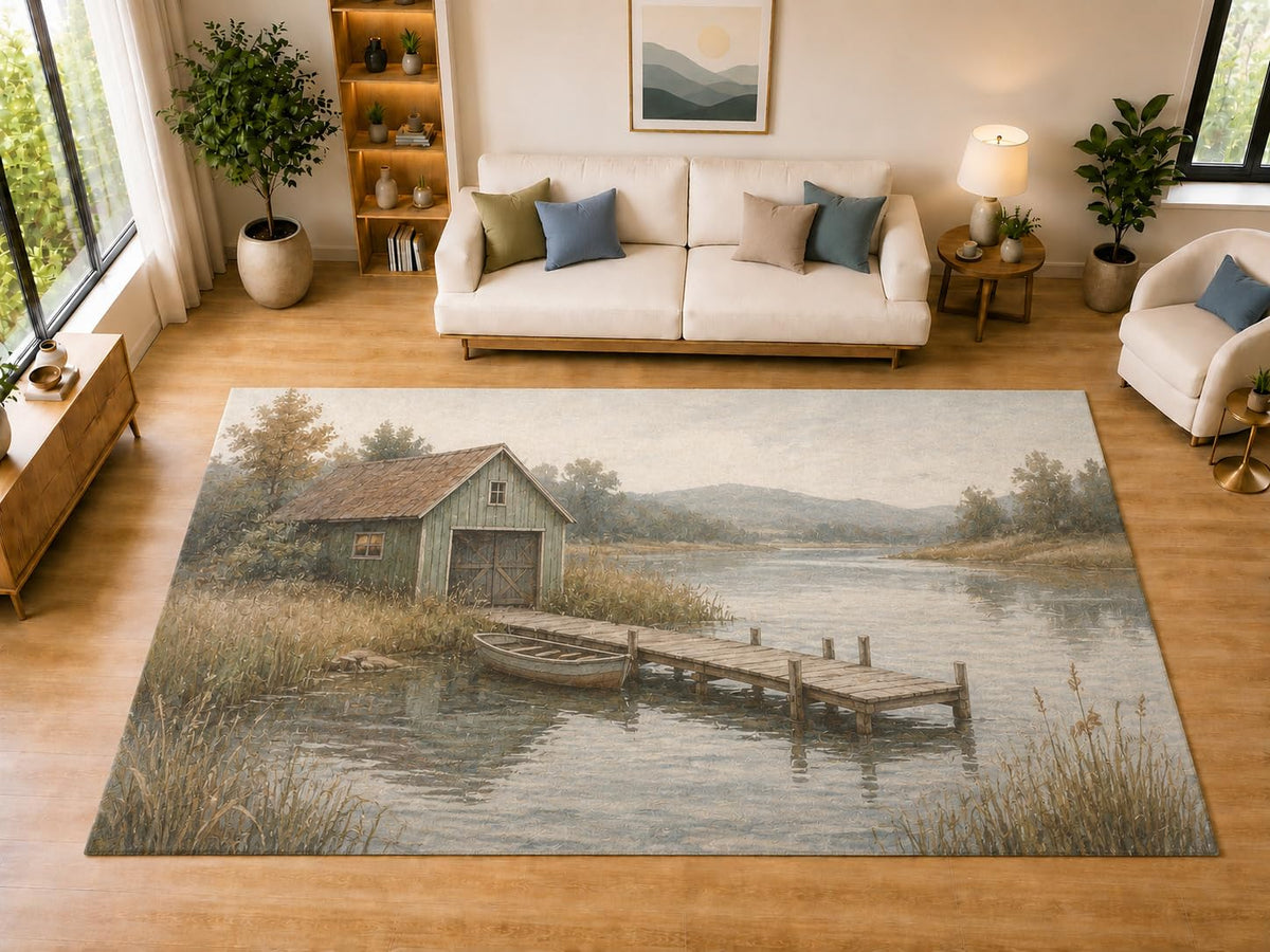 ICE ARMOR "Ultra Light Weight Large 6'7" x 9'10" Lakeside Boathouse Dock Area Rug for Living Room, Bedroom, Dining Room, Soft Low Pile Non-Slip Backing, Blue Beige