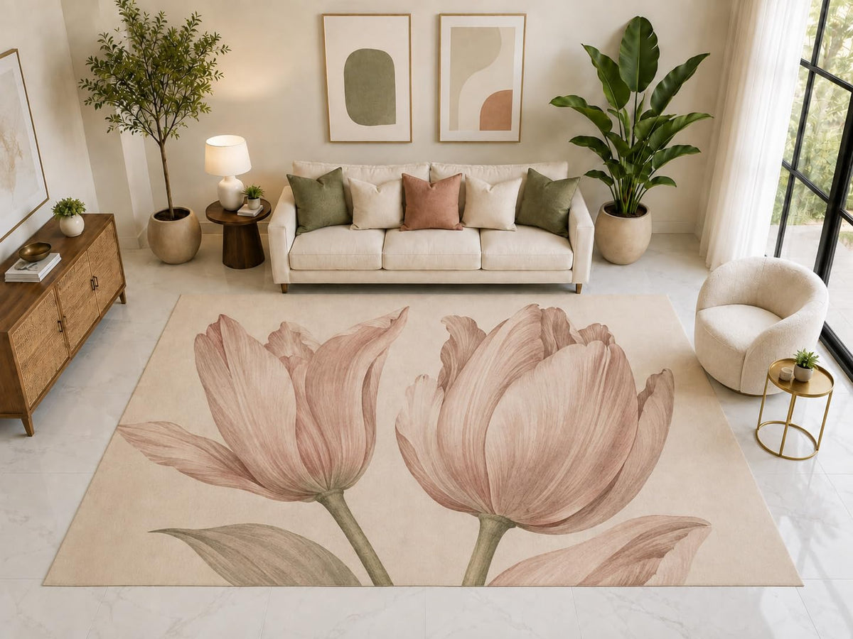 ICE ARMOR "Ultra Light Weight Large 6'7" x 9'10" Double Tulip Floral Rug, Soft Low Pile Indoor Rug, Non-Slip Silicone Backing for Living Room Pink