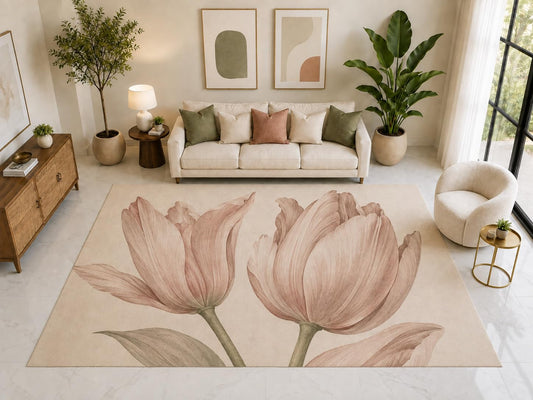 ICE ARMOR "Ultra Light Weight Large 6'7" x 9'10" Double Tulip Floral Rug, Soft Low Pile Indoor Rug, Non-Slip Silicone Backing for Living Room Pink