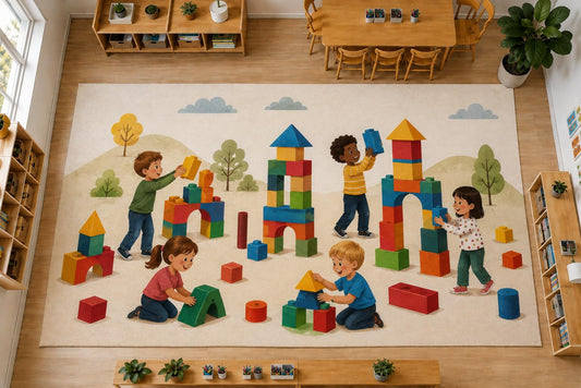 ICE ARMOR Large 6'7" x 9'10" Building Blocks Kids Area Rug, Soft Low Pile Indoor Rug with Non-Slip Silicone Backing for Kids Room and Playroom, Beige