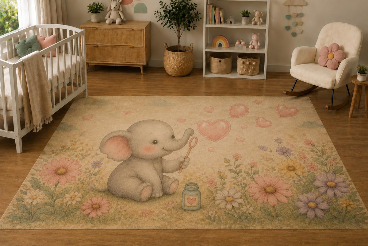 ICE ARMOR 5' x 7' Baby Elephant Heart Bubble Area Rug, Soft Low Pile Indoor Rug with Non-Slip Silicone Backing, Nursery, Kids Room, Playroom, Kids & Pets, Beige Pink