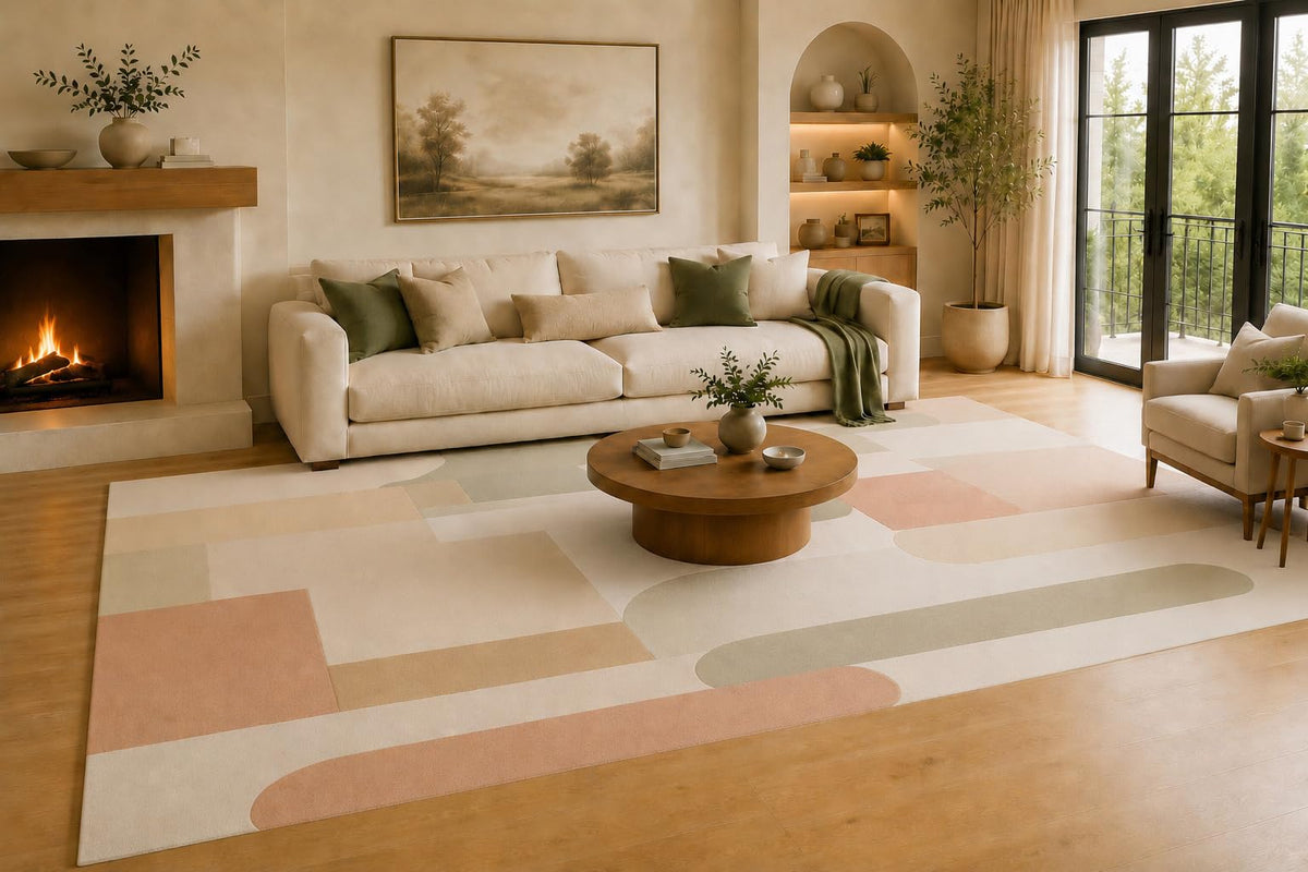 ICE ARMOR Large 6'7" x 9'10" Blush Pink and Sage Green Rounded Block Geometric Area Rug for Living Room, Soft Low Pile Carpet with Non-Slip Silicone Backing Decor for Bedroom and Home Office