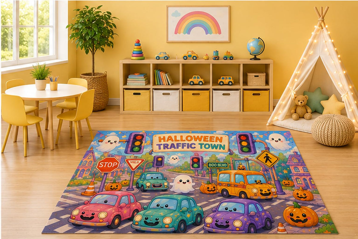 ICE ARMOR 5' x 7' Halloween Traffic Town Kids Area Rug, Cute Ghost Cars Road Signs Cartoon Playroom Nursery Bedroom Classroom Decor, Non-Slip Silicone Backing Low Pile