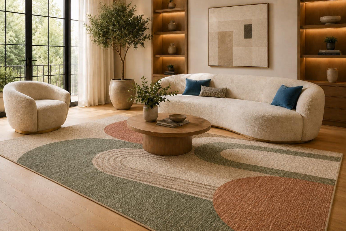 ICE ARMOR 6'7" x 9'10" Sage Green and Terracotta Loop Shapes Area Rug for Living Room, Soft Low Pile Carpet with Non-Slip Silicone Backing, Floor Decor for Bedroom, Dining Area and Home Office