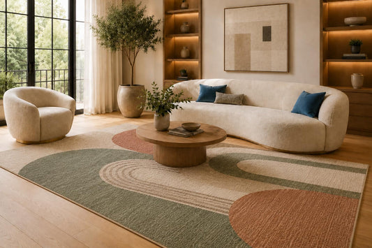 ICE ARMOR 6'7" x 9'10" Sage Green and Terracotta Loop Shapes Area Rug for Living Room, Soft Low Pile Carpet with Non-Slip Silicone Backing, Floor Decor for Bedroom, Dining Area and Home Office