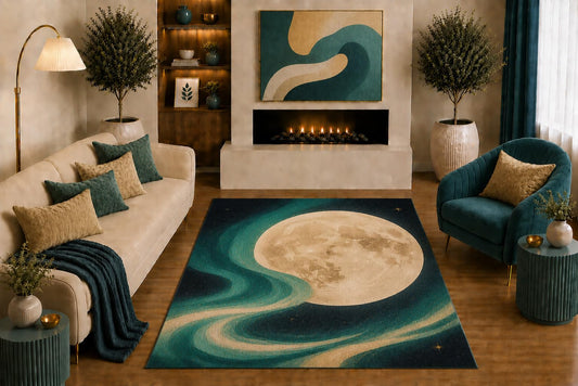 ICE ARMOR "Ultra Light Weight 5' x 7' Celestial Moon Area Rug Modern Abstract Space Art Teal Navy Beige for Living Room Bedroom Office Nursery Decor Non-Slip Silicone Backing Low Pile