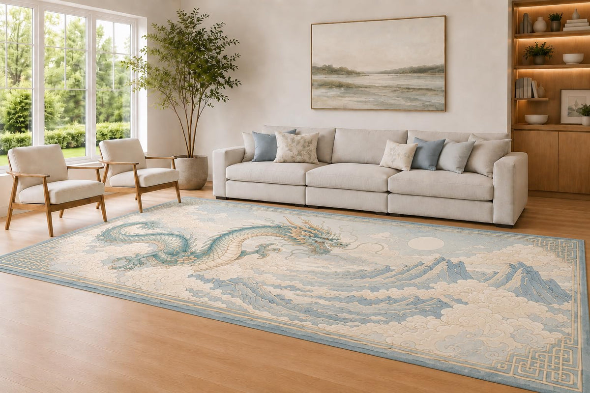 ICE ARMOR Large 6'7" x 9'10" Light Blue and Cream Sky Dragon Area Rug for Living Room, Soft Low Pile Carpet with Non-Slip Silicone Backing, Decor for Bedroom and Home Office