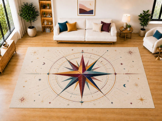 ICE ARMOR "Ultra Light Weight Large 6'7" x 9'10" Compass Rose Area Rug for Living Room, Bedroom, Dining Room, Soft Low Pile Non-Slip Backing, Ivory Burgundy Teal