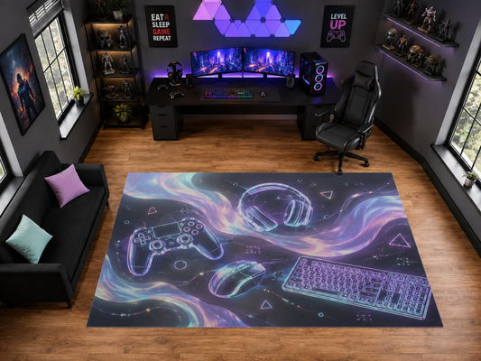 ICE ARMOR "Ultra Light Weight Large 6'7" x 9'10" Pastel Gaming Gear Wave Area Rug for Playroom Decor, Soft Low Pile Indoor Rug with Non-Slip Silicone Backing, Purple Blue