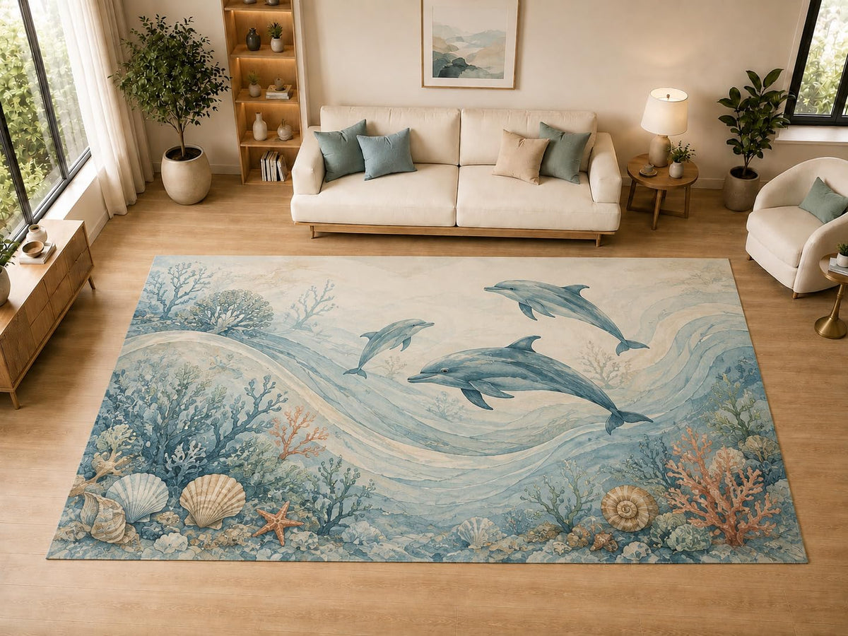 ICE ARMOR "Ultra Light Weight Large 6'7" x 9'10" Dolphin Coral Ocean Decor, Living Room, Bedroom, Dining Room, Office, Family Room, Soft Low Pile Indoor Rug, Non-Slip Silicone Backing, Blue