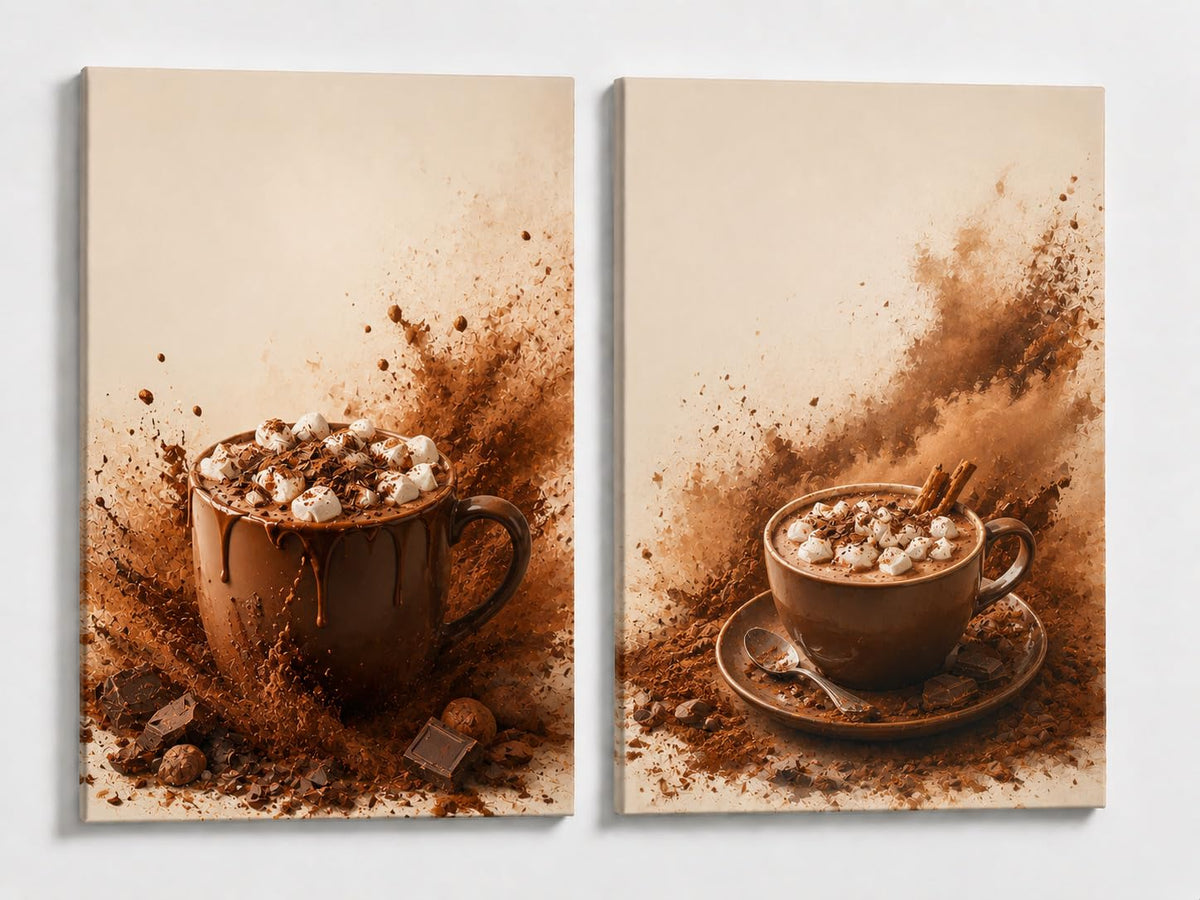 ICE ARMOR Extra-Large Set of 2 Hot Chocolate Wall Art, Marshmallow Cocoa Mug Beverage Canvas, Modern Kitchen Coffee Bar Cafe Winter Decor, 24x36 Inch Canvas Print - Ready to hang