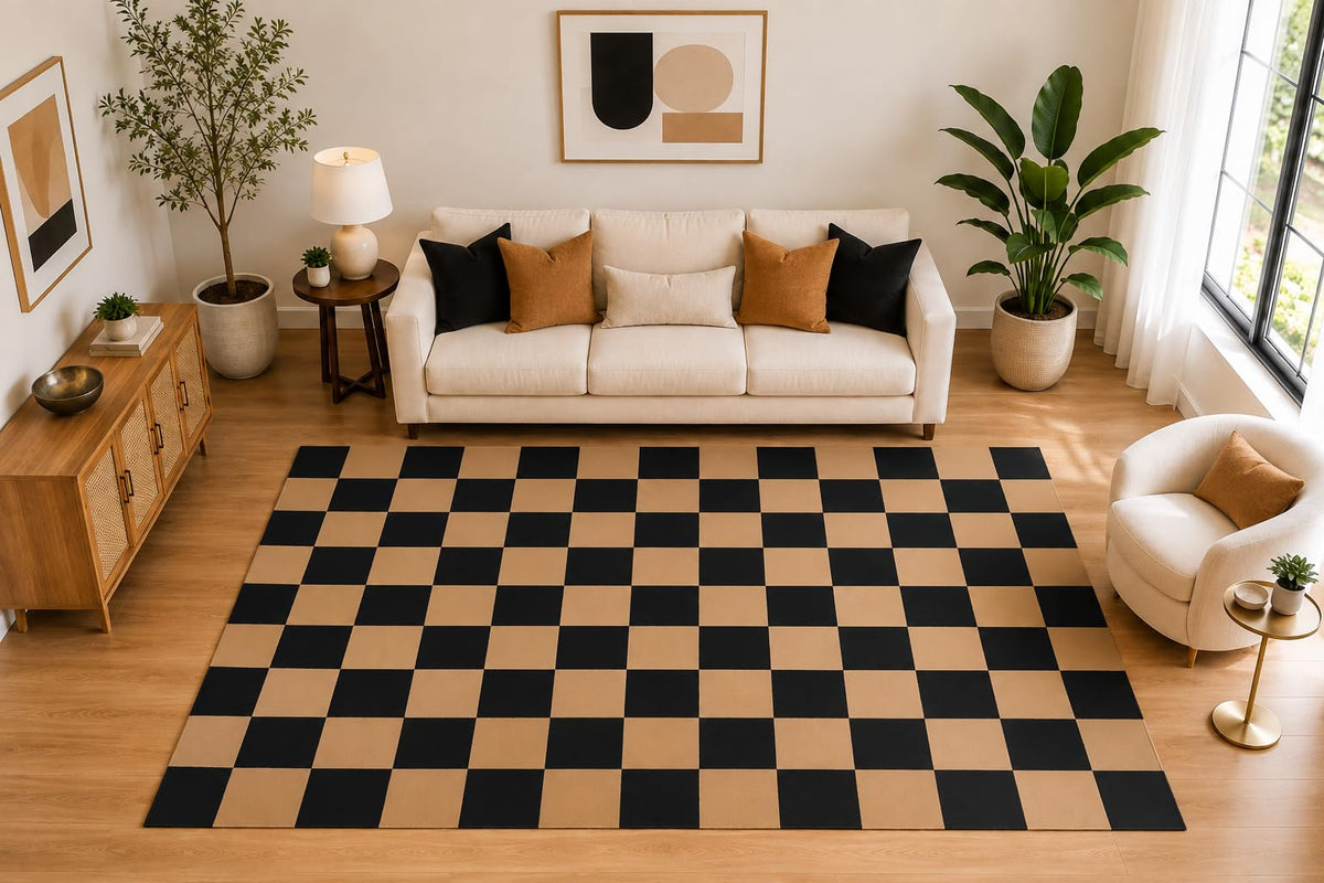ICE ARMOR Large 6'7" x 9'10" Classic Checkerboard Area Rug for for Bedroom, Living Room, Soft Low Pile Indoor Rug with Non-Slip Silicone Backing, Black Tan