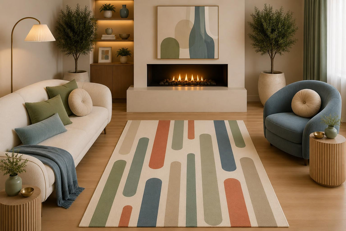 ICE ARMOR 5' x 7' Mid Century Modern Area Rug Sage Blue Terracotta Beige Rounded Stripe Design for Living Room Bedroom Dining Room Non-Slip Silicone Backing Low Pile