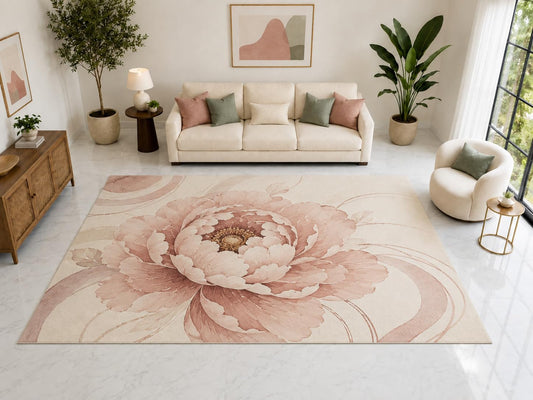 ICE ARMOR "Ultra Light Weight Large 6'7" x 9'10" Peony Swirl Rug, Soft Low Pile Indoor Rug, Non-Slip Silicone Backing for Living Room Blush Pink