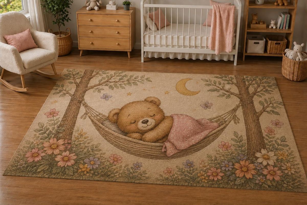 ICE ARMOR 5' x 7' Sleeping Teddy Bear Hammock Area Rug, Soft Low Pile Indoor Rug with Non-Slip Silicone Backing, Nursery, Bedroom, Kids Room, Kids & Pets, Beige Pink