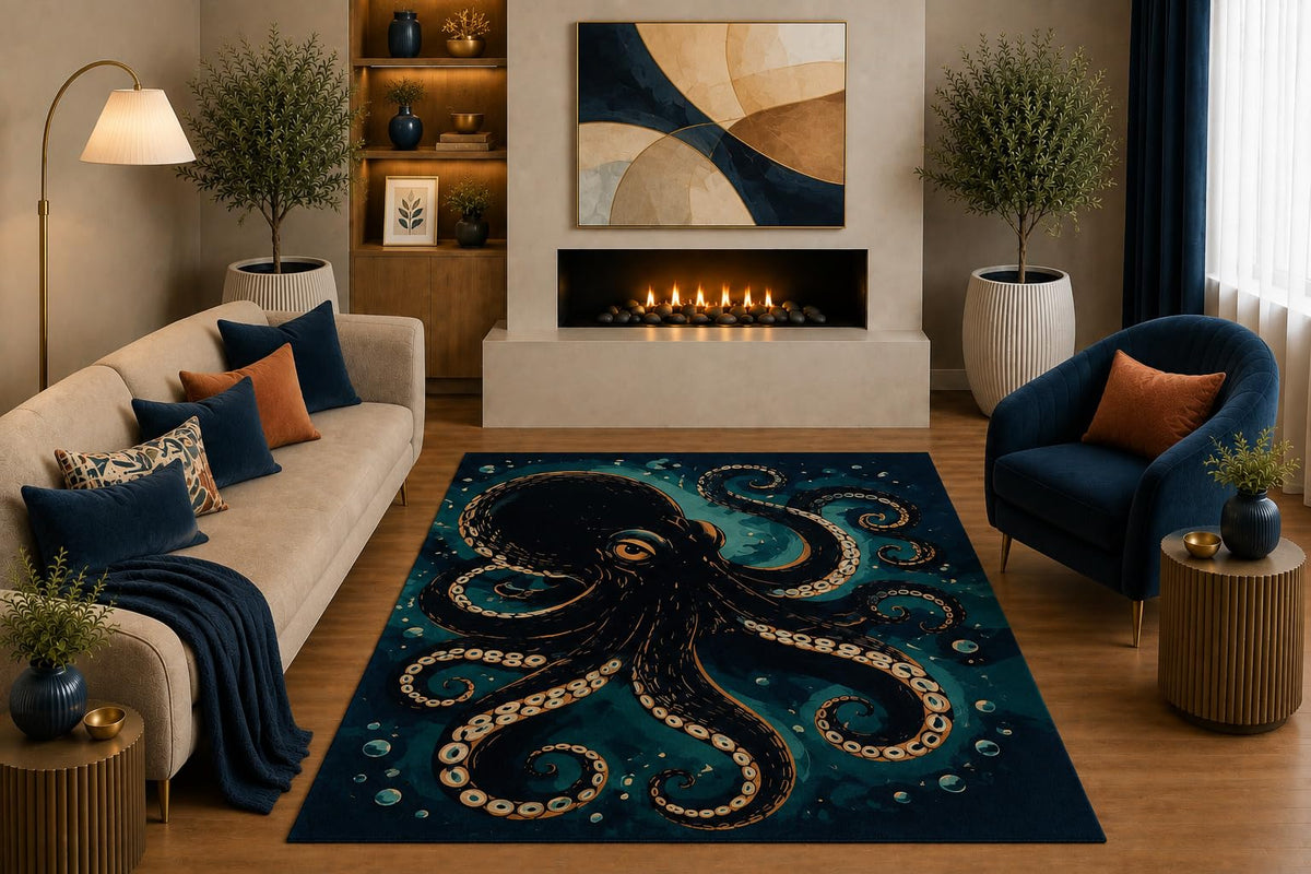 ICE ARMOR "Ultra Light Weight 5' x 7' Navy Teal Octopus Area Rug Vintage Coastal Ocean Sea Life Art for Living Room Bedroom Office Non-Slip Silicone Backing Low Pile