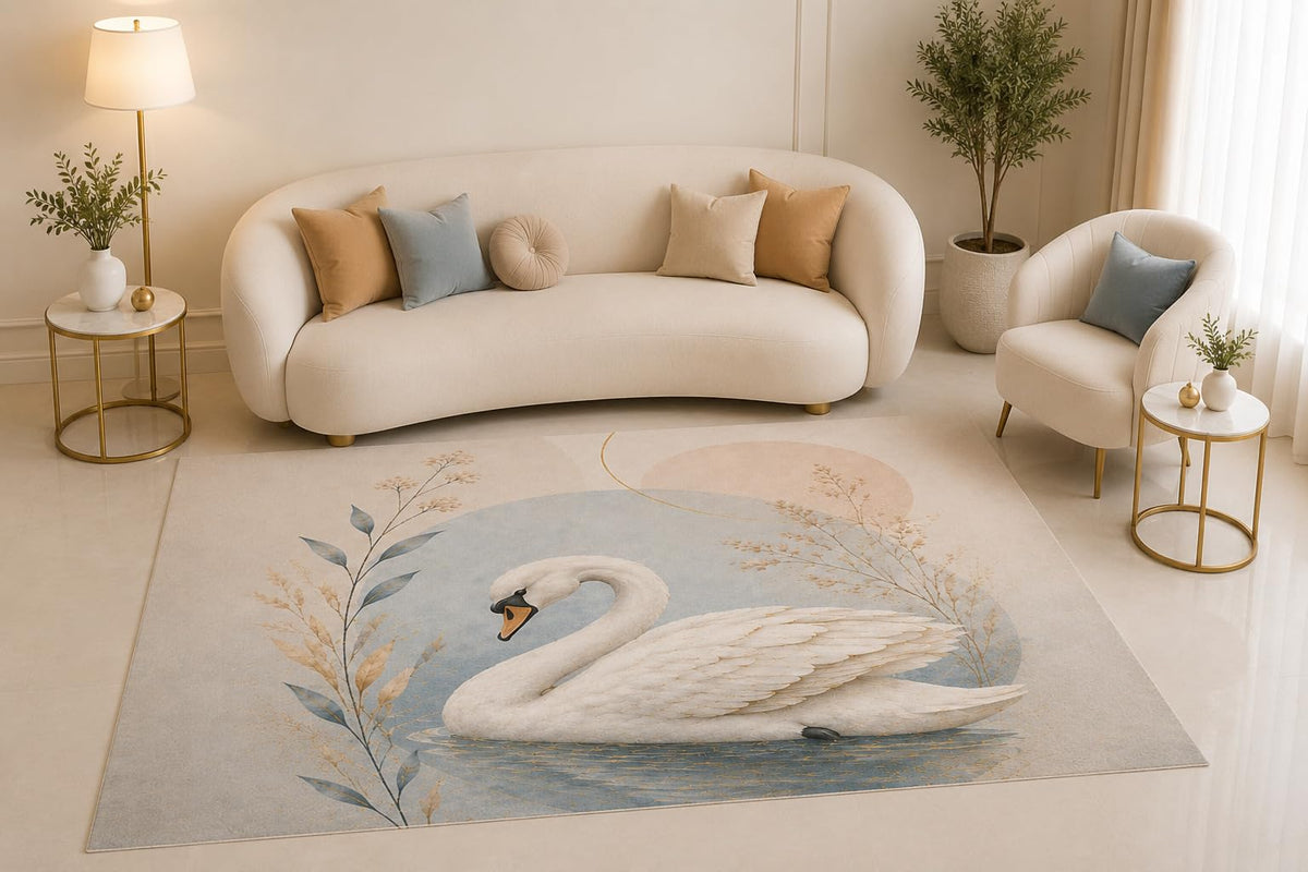 ICE ARMOR 5' x 7' White Swan Area Rug, Elegant Lake Bird Botanical Nature Design for Living Room Bedroom Nursery Decor, Non-Slip Silicone Backing Low Pile