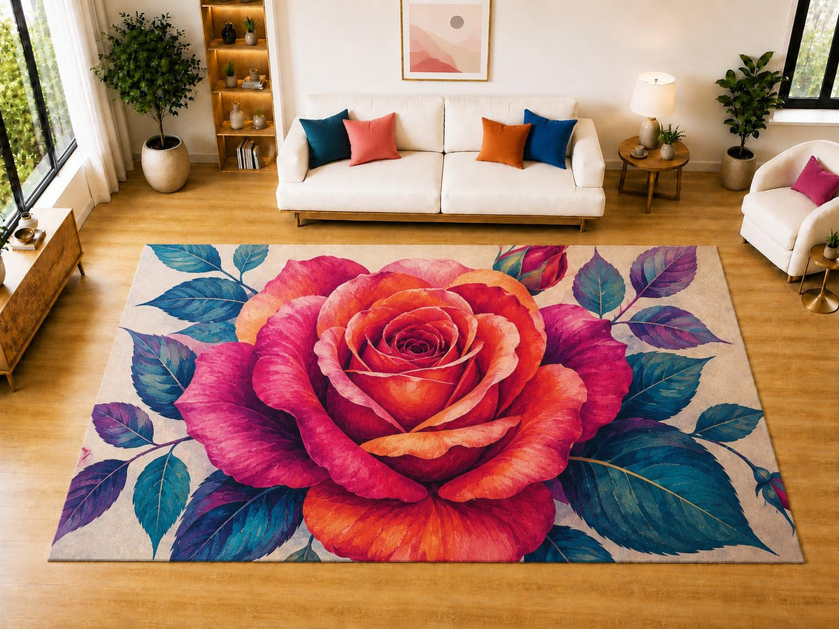 ICE ARMOR "Ultra Light Weight Large 6'7" x 9'10" Rose Bloom Area Rug for Living Room Bedroom Dining Room, Soft Low Pile Non-Slip Backing, Pink Orange Teal Purple Botanical Decor