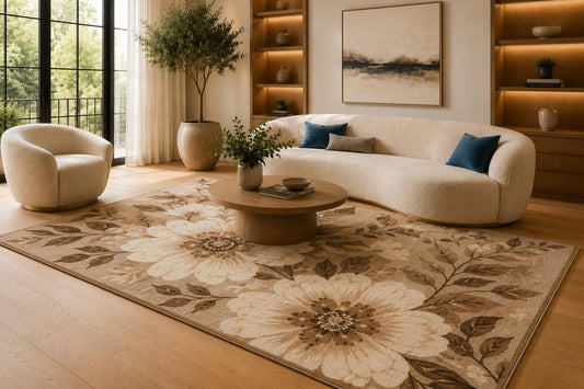ICE ARMOR 6'7" x 9'10" Brown and Beige Oversized Floral Area Rug for Living Room, Soft Low Pile Carpet with Non-Slip Silicone Backing, Floor Decor for Bedroom, Dining Area and Home Office