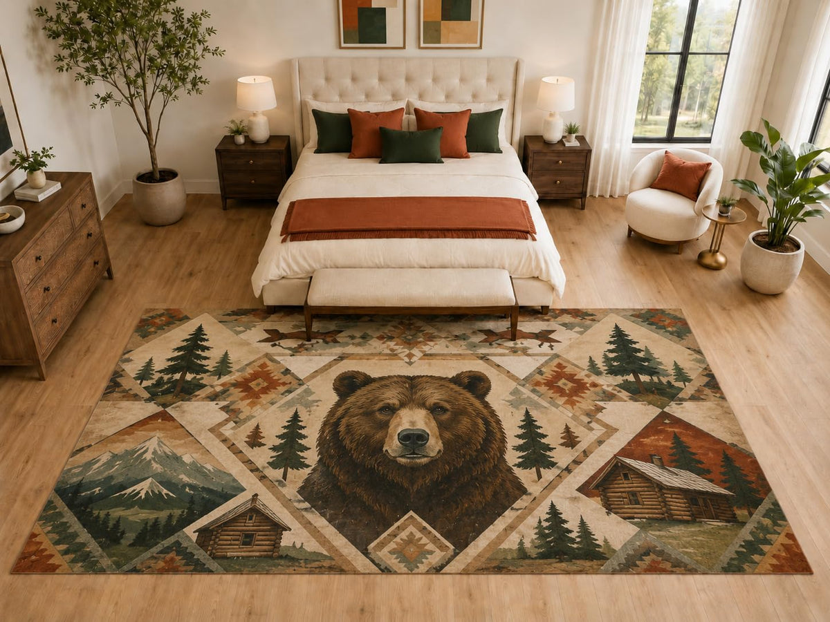 ICE ARMOR "Ultra Light Weight Large 6'7" x 9'10" Bear Cabin Patchwork Rug, Soft Low Pile Indoor Rug and Non-Slip Silicone Backing, Bedroom, Brown