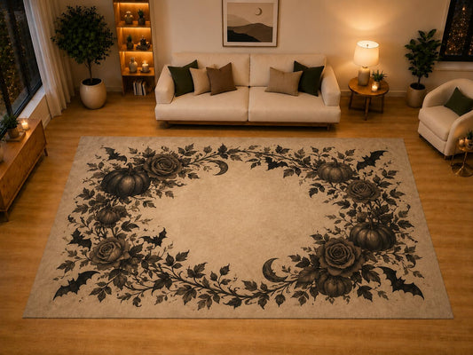 ICE ARMOR "Ultra Light Weight Large 6'7" x 9'10" Pumpkin Rose Bat Crescent Moon Area Rug for Living Room Bedroom, Soft Low Pile Non-Slip Backing, Beige Black Gothic Halloween Decor