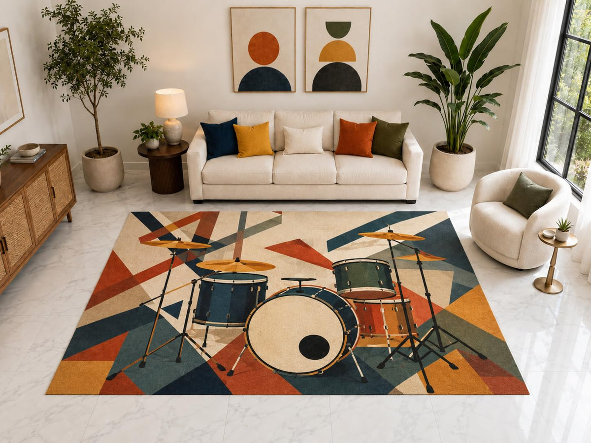 ICE ARMOR "Ultra Light Weight Large 6'7" x 9'10" Geometric Drum Kit Rug, Soft Low Pile Indoor Rug, Non-Slip Silicone Backing for Living Room Orange