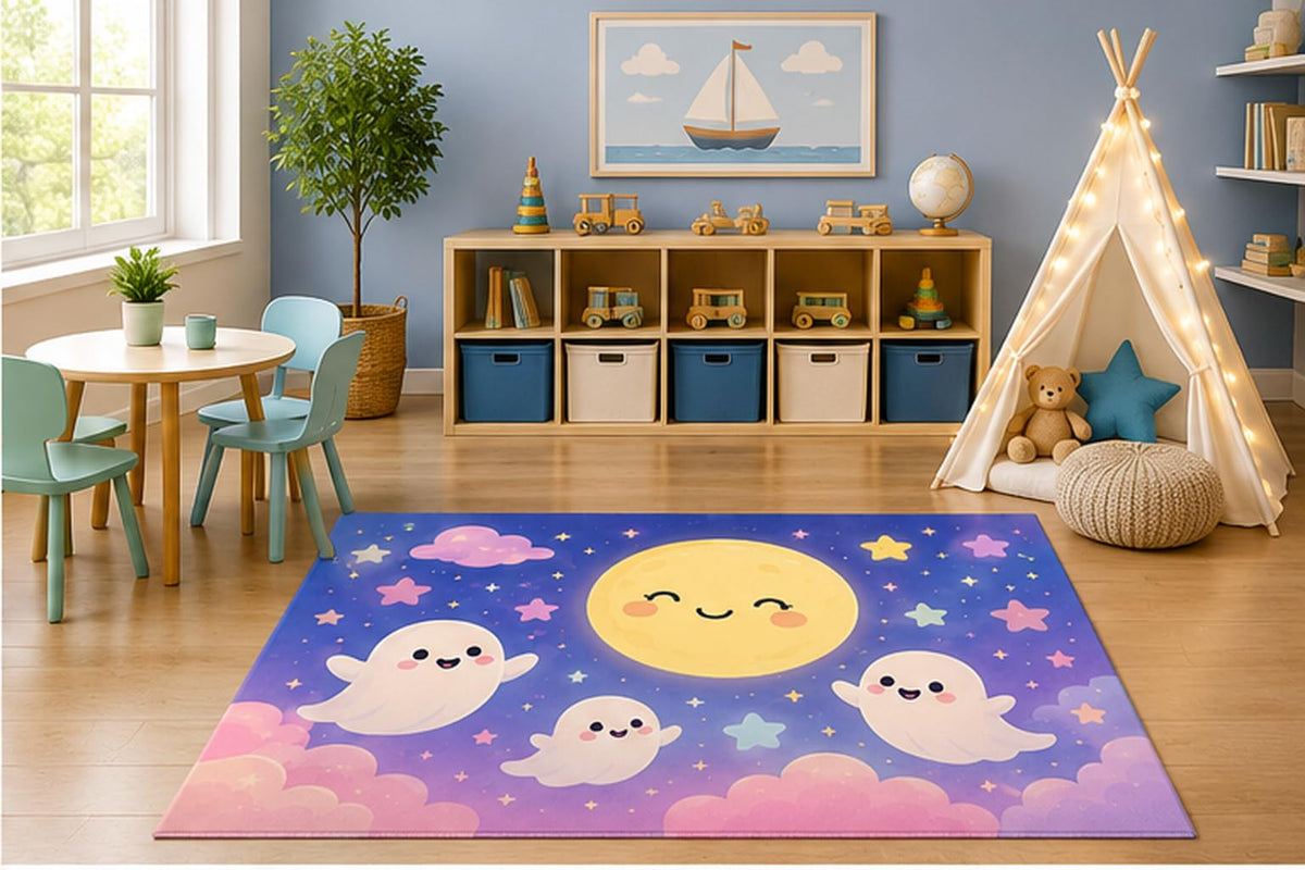 ICE ARMOR 5' x 7' Happy Ghost Moon Kids Area Rug, Cute Smiling Ghosts Moon Stars Kawaii Cartoon Playroom Nursery Bedroom Decor, Non-Slip Silicone Backing Low Pile