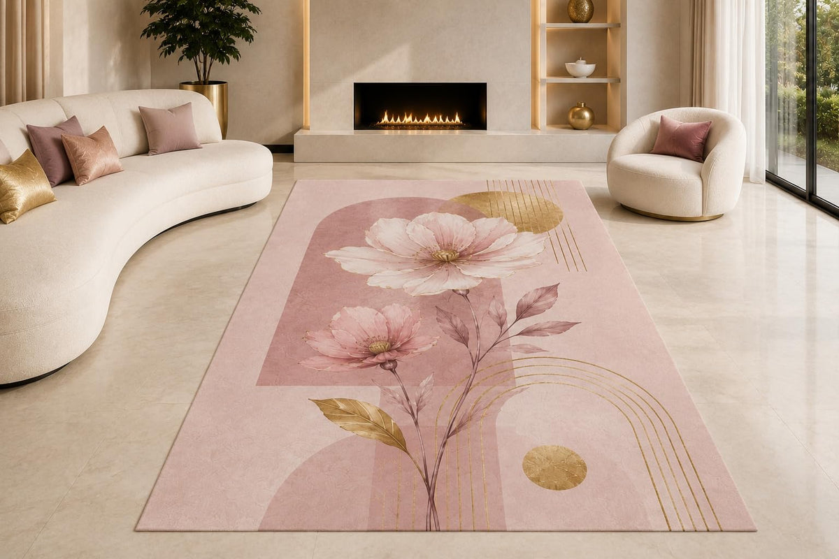ICE ARMOR "Ultra Lightweight Large 6'7" x 9'10" Magnolia Arch Lines Area Rug for Living Room, Bedroom and Home Office, Soft Low Pile Carpet with Non-Slip Silicone Backing, Pink and Beige