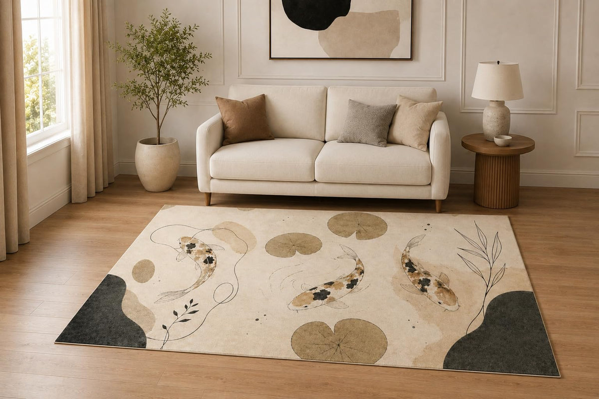 ICE ARMOR "Ultra Light Weight 5' x 7' Minimal Koi Lily Pads Area Rug for Living Room, Bedroom and Home Office, Soft Low Pile Carpet with Non-Slip Silicone Backing, Beige and Brown
