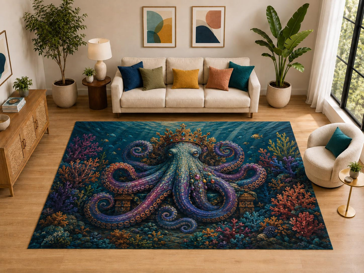 ICE ARMOR "Ultra Light Weight Large 6'7" x 9'10" Royal Octopus Rug for Living Room, Soft Low Pile Indoor Rug and Non-Slip Silicone Backing, Deep Blue