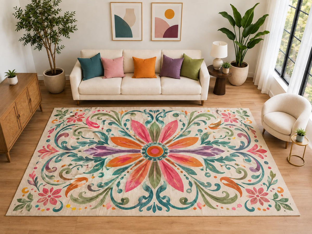 ICE ARMOR "Ultra Light Weight Large 6'7" x 9'10" Floral Scroll Rug, Soft Low Pile Indoor Rug, Non-Slip Silicone Backing for Living Room Beige