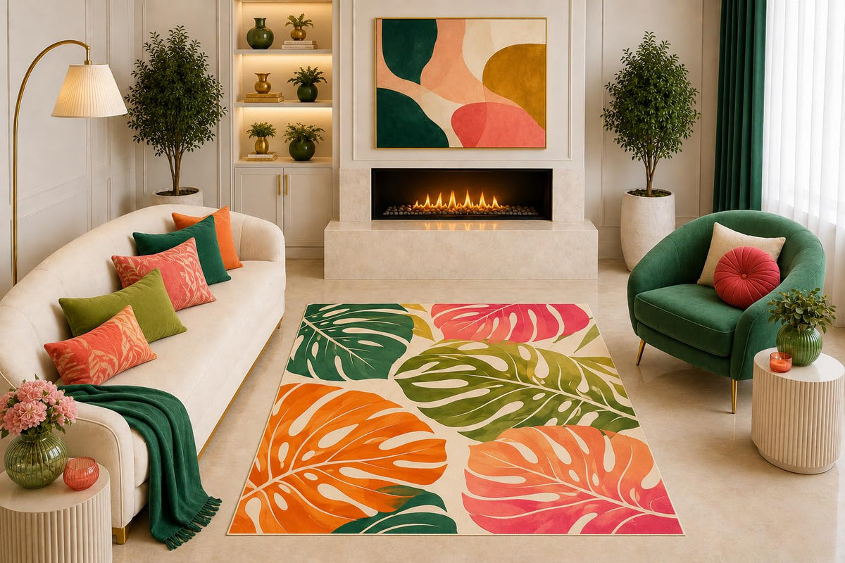 ICE ARMOR "Ultra Light Weight 5' x 7' Tropical Monstera Leaf Area Rug Orange Pink Green Botanical Art for Living Room Bedroom Dining Room Non-Slip Silicone Backing Low Pile