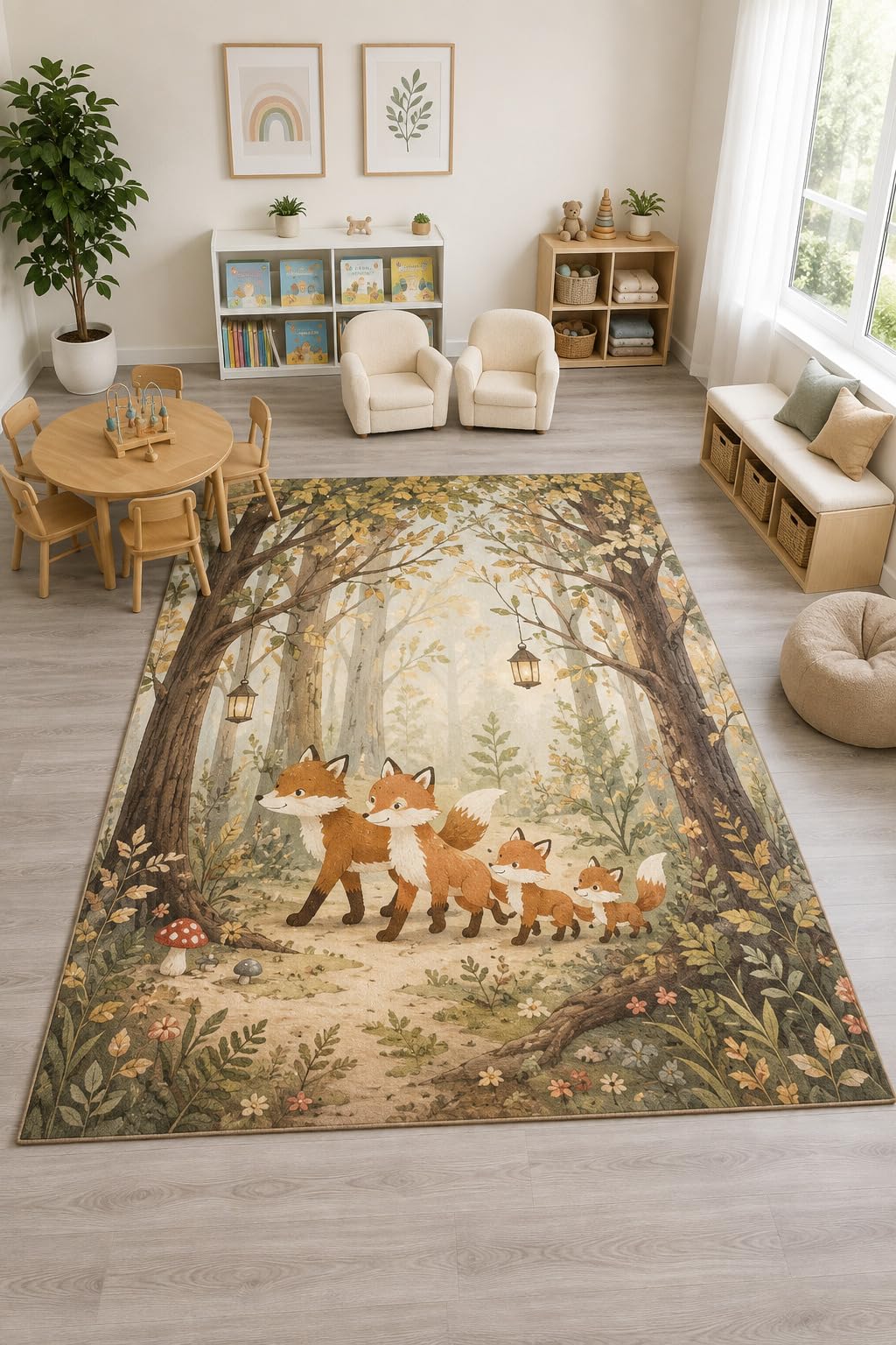 ICE ARMOR "Ultra Light Weight Large 6'7" x 9'10" Woodland Fox Family Rug, Soft Low Pile Indoor Rug, Non-Slip Silicone Backing Nursery Kids Brown