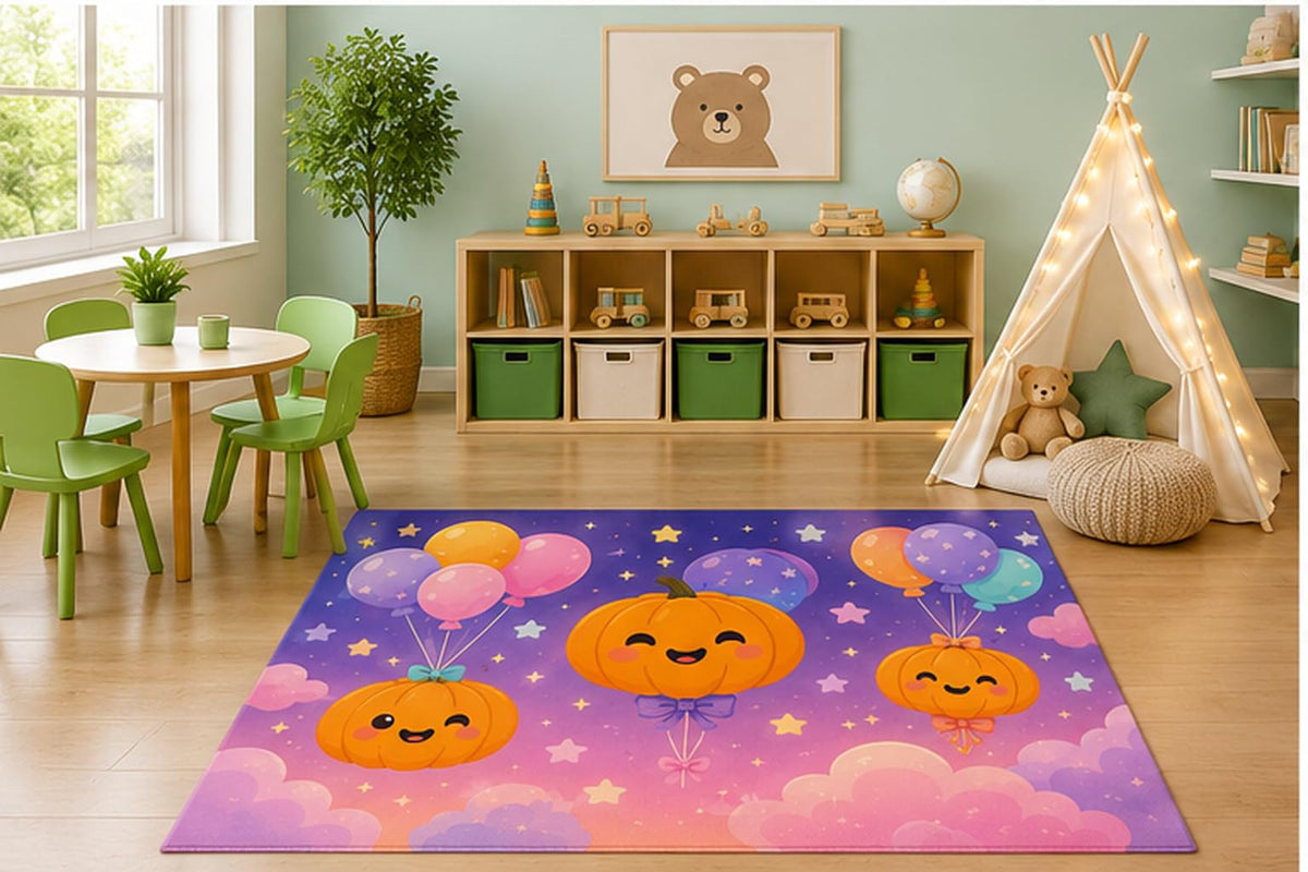 ICE ARMOR 5' x 7' Floating Pumpkin Balloons Kids Area Rug, Cute Kawaii Pumpkins Balloons Sky Cartoon Playroom Nursery Bedroom Decor, Non-Slip Silicone Backing Low Pile