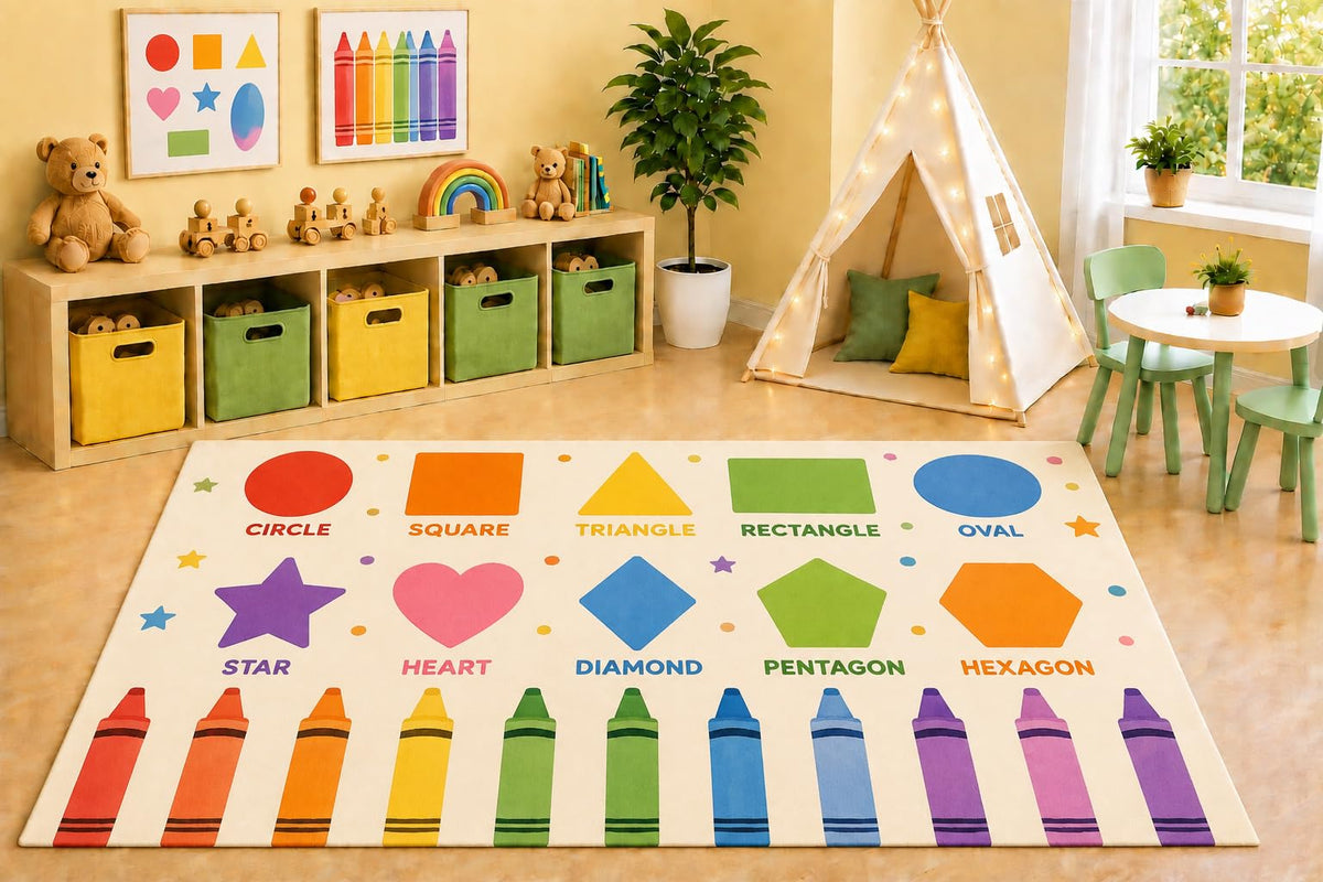 ICE ARMOR 5' x 7' Educational Shapes and Colors Area Rug, Circle Square Triangle Learning Kids Playroom Classroom Rug, Non-Slip Silicone Backing Low Pile