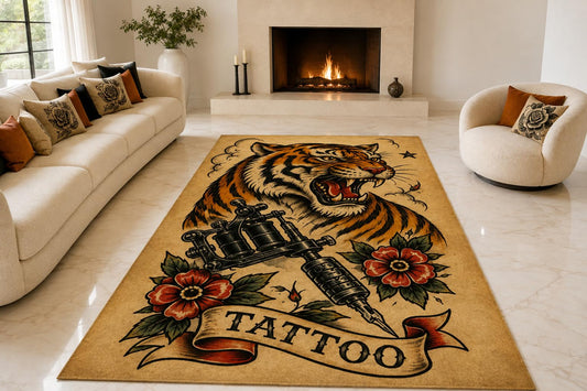 ICE ARMOR "Ultra Lightweight Large 6'7" x 9'10" Vintage Tiger Tattoo Area Rug for Living Room, Bedroom and Home Office, Soft Low Pile Carpet with Non-Slip Silicone Backing, Orange and Black
