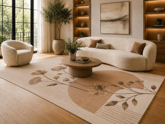 ICE ARMOR 6'7" x 9'10" Brown and Cream Branch Circle Pattern Area Rug for Living Room, Soft Low Pile Carpet with Non-Slip Silicone Backing, Floor Decor for Bedroom, Dining Area and Home Office