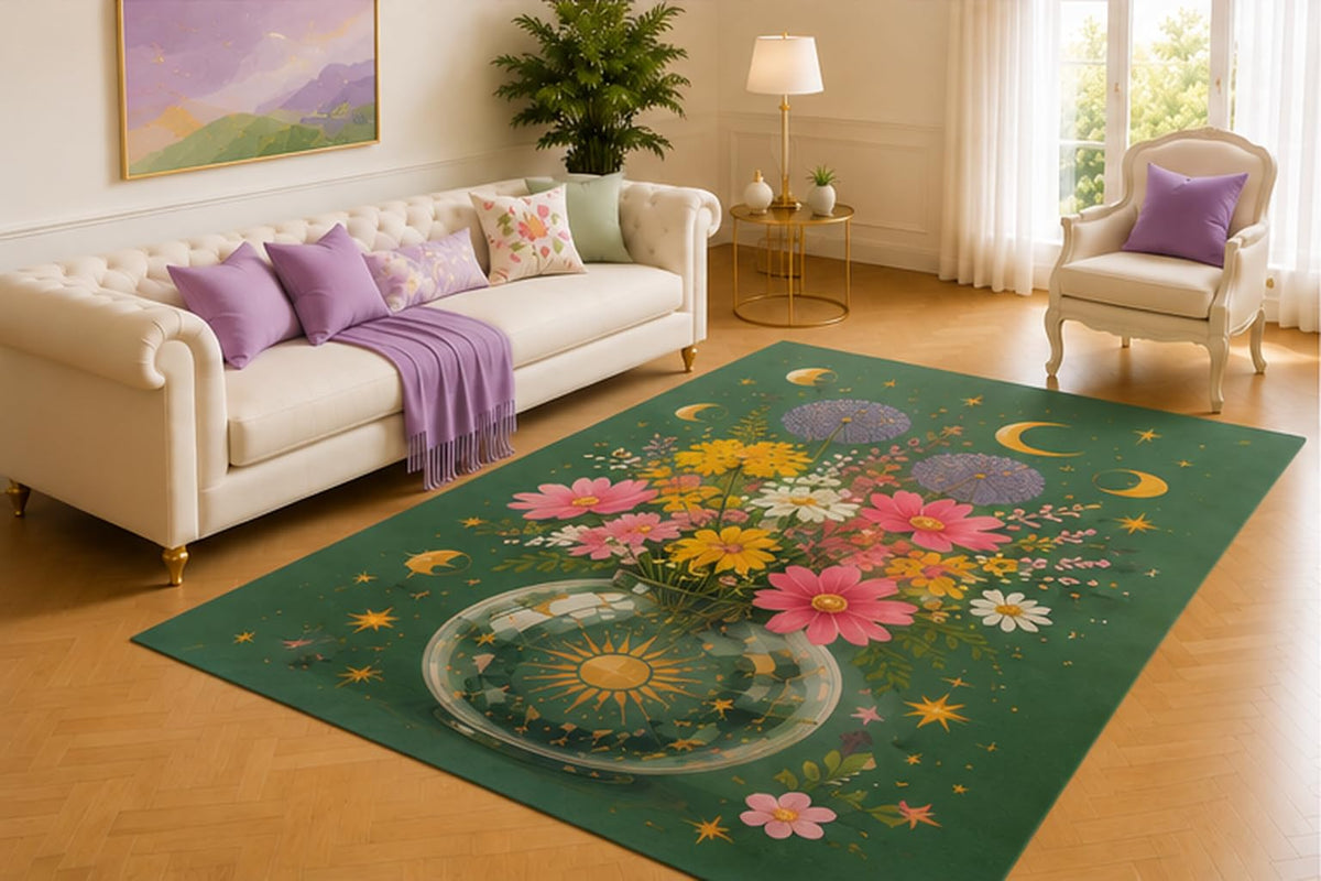 ICE ARMOR 5' x 7' Cosmic Flower Vase Rug, Pink, Yellow and Purple Blooms with Stars on Teal Green, Whimsical Accent for Bedroom, Studio, Lounge or Reading Area