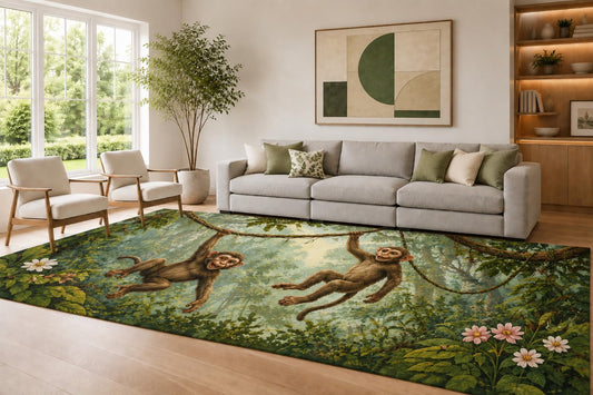 ICE ARMOR Large 6'7" x 9'10" Green and Blue Monkey Pair Area Rug for Living Room, Soft Low Pile Carpet with Non-Slip Silicone Backing, Decor for Bedroom Dining Room and Home Office
